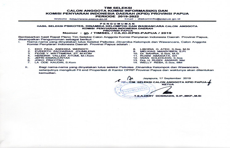 Pengumuman Hasil Seleksi Psikotest, Dinamika Kelompok dan Wawancara Calon Anggota KPID